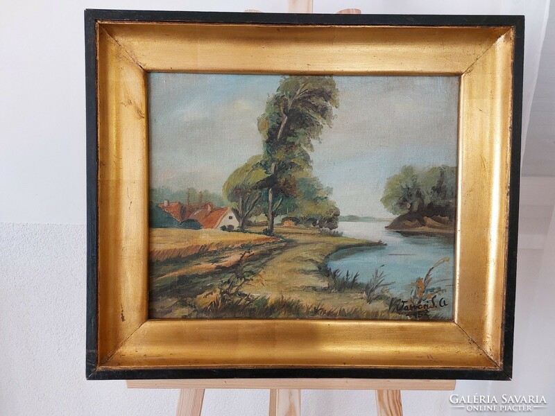 (K) landscape painting with Vasvár sign, 64x54 cm frame