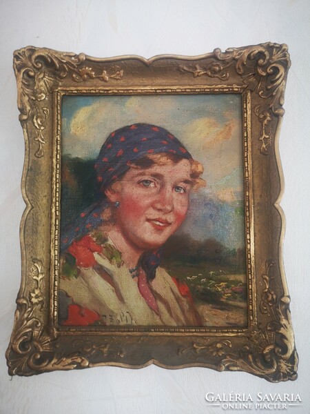 Antique portrait painting of a lady in folk dress with a good mood, beautifully painted painting. Zsolt Ivanácz