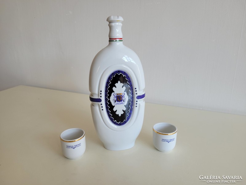 Régi Hollóházi porcelán palack retro Szatmári pálinka szilvapálinkás dugós üveg Várda Drink pohárral
