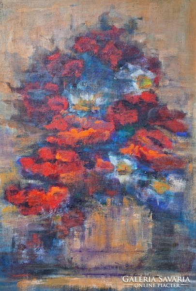 Erzsébet Tabiné Jenei: still life with poppies (acrylic) brave birch, female painter - józsefné tabi