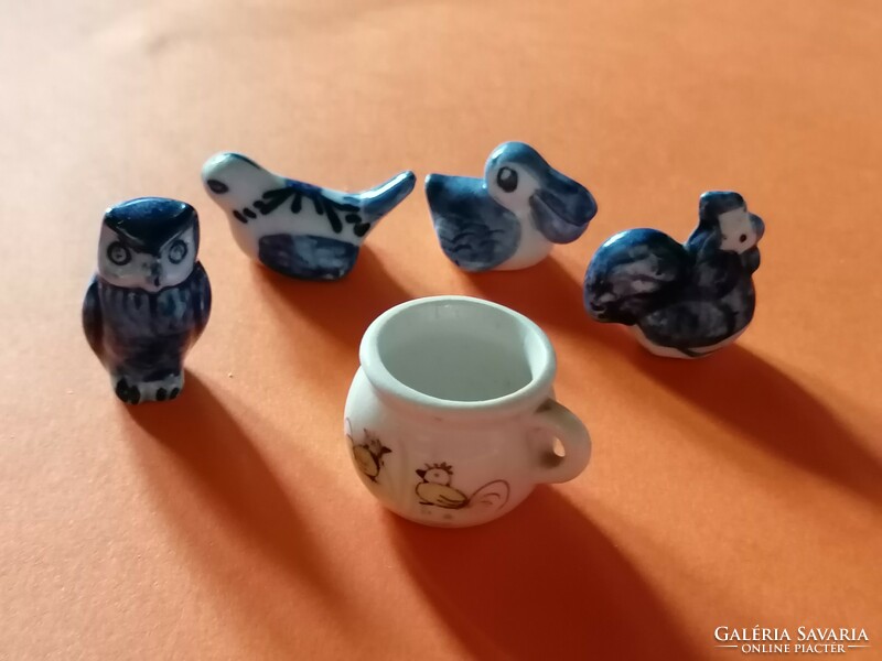 Dollhouse decoration, mini porcelain owl, rooster, bird, duck, cup 50.