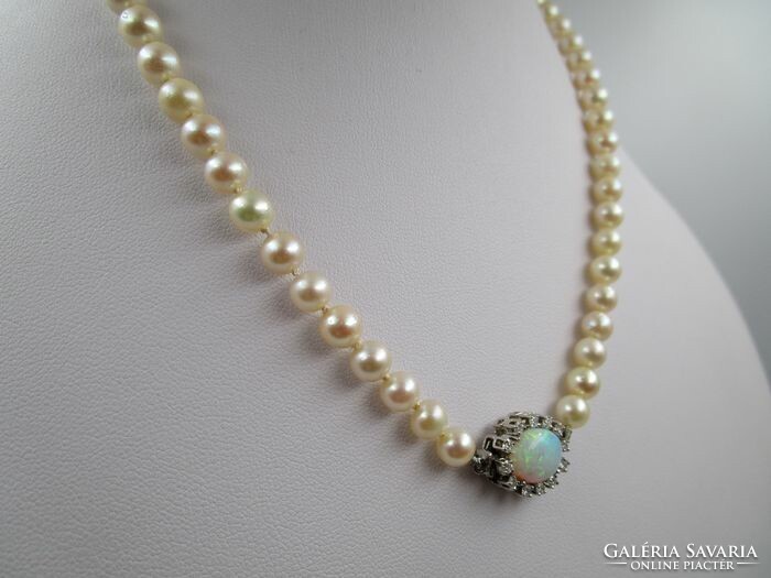 18K white gold diamond opal true pearl akoya pearl necklace