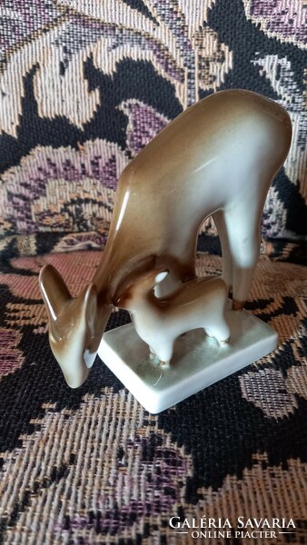 Zsolnay porcelain deer with kid, marked, flawless