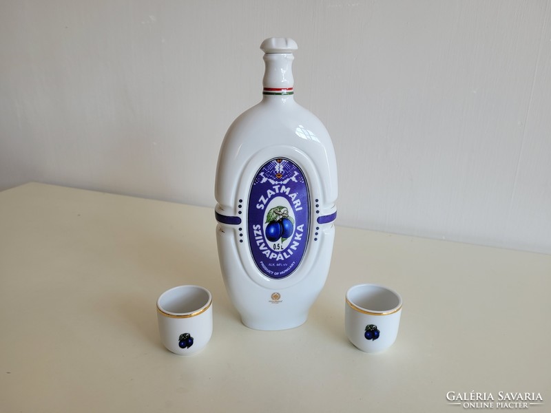 Old Hóllóháza porcelain bottle retro Szatmár pálinka plum brandy corked bottle with Várda drink glass