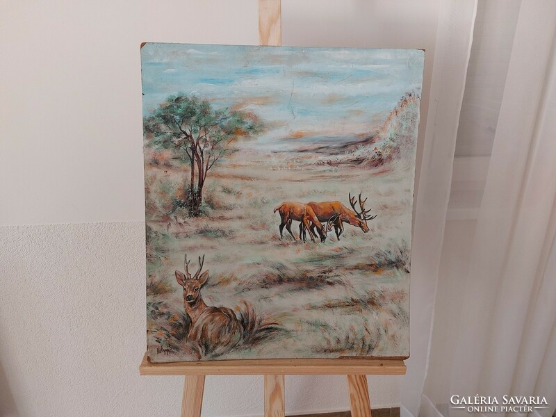 (K) landscape painting with valley sign deer, roe deer 50x59 cm damage photographed