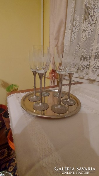 Set of glass glasses, chrome metal base, 6-piece set with tray, mid century