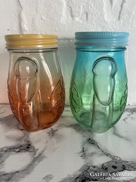 Kettő pelikán alakú üveg limonádés pohár vagy mézes üveg