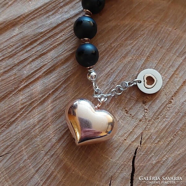 Gold-plated silver nomination bracelet with heart pendant, onyx mineral