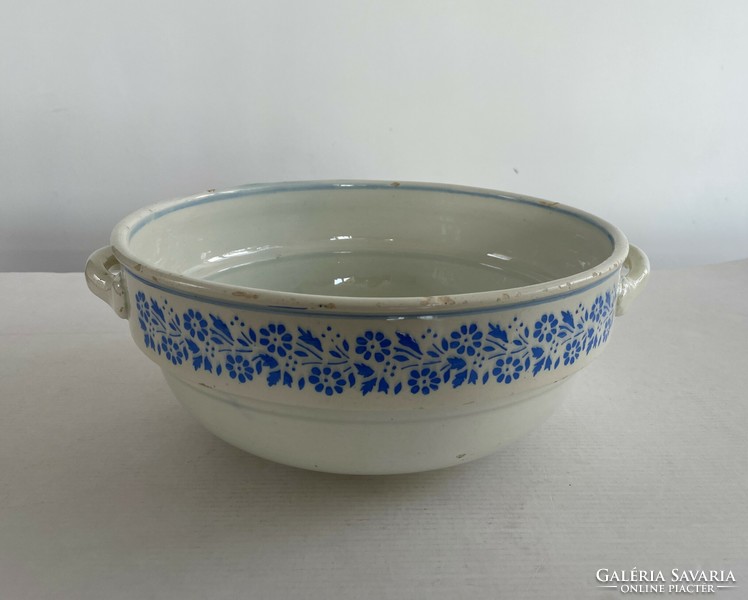Old, antique, blue floral pattern, large, 2-handled scone ceramic bowl, peasant bowl, nostalgia piece