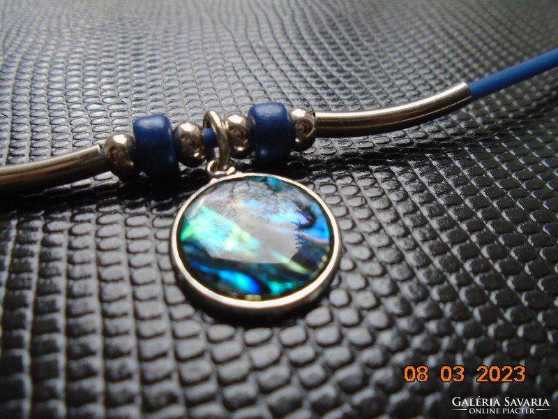 Abalone pendant on a blue rubber choker with silver-plated tube beads