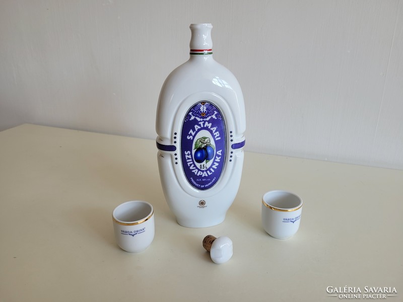 Old Hóllóháza porcelain bottle retro Szatmár pálinka plum brandy corked bottle with Várda drink glass