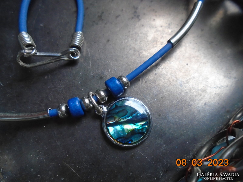 Abalone pendant on a blue rubber choker with silver-plated tube beads