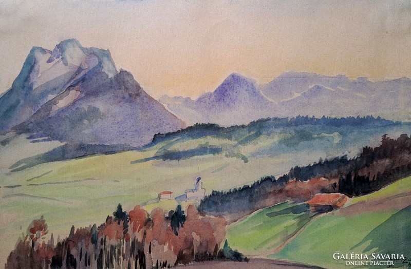 Landscape with mountains - marked watercolor - panoramic image