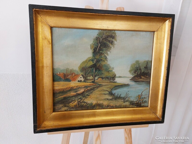 (K) landscape painting with Vasvár sign, 64x54 cm frame