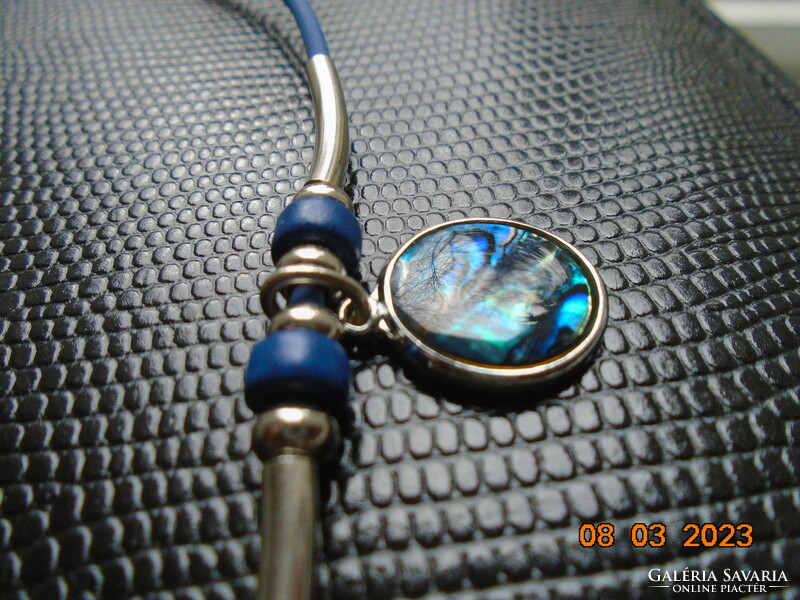 Abalone pendant on a blue rubber choker with silver-plated tube beads