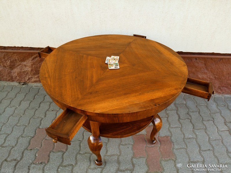 Beautiful, flawless, restored, antique game table / dining table with four small drawers