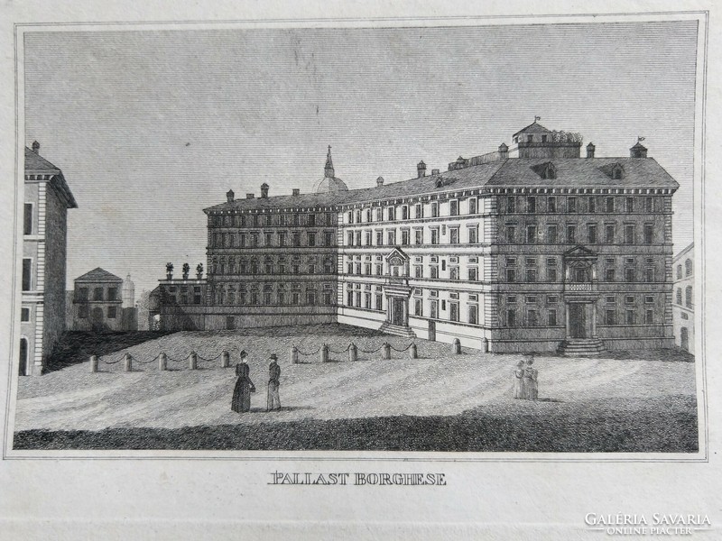 Rome is the Borghese palace. Original wood engraving ca. 1835
