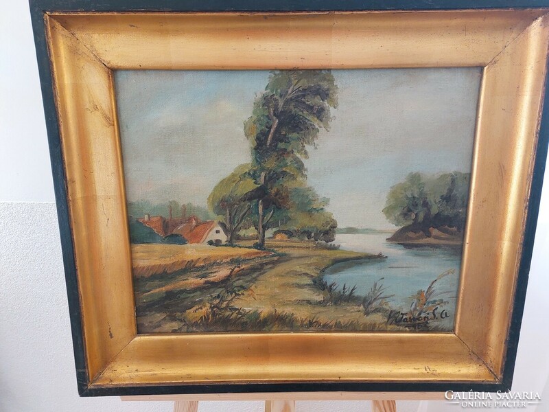 (K) landscape painting with Vasvár sign, 64x54 cm frame