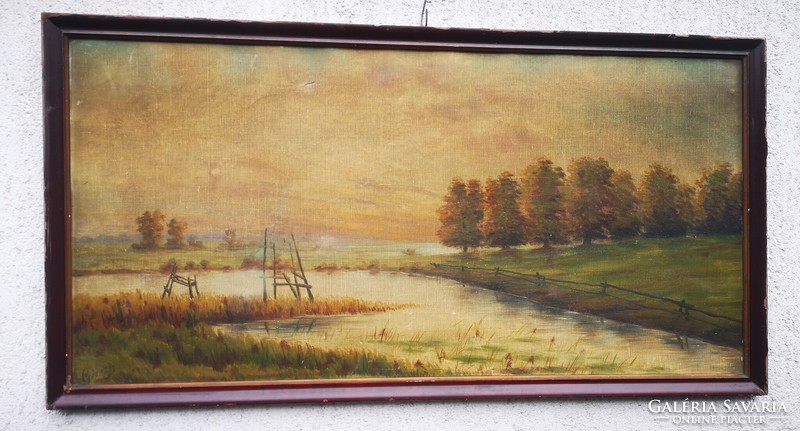 Antique painting, autumn landscape, signed, large size, particularly decorative, showy piece.