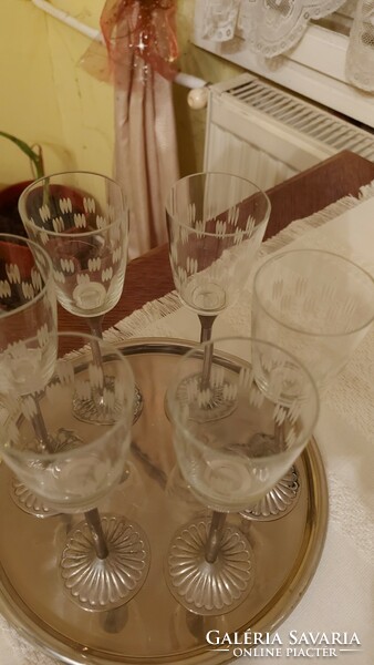 Set of glass glasses, chrome metal base, 6-piece set with tray, mid century