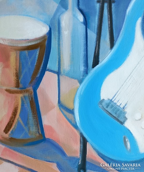 Still-life with Amp, African drum and Guitar - oil painting