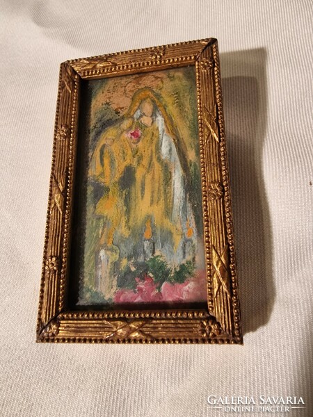 Mária Jézussal a karján...előtte gyertyák és virágok...különleges,kis méretű festmény!