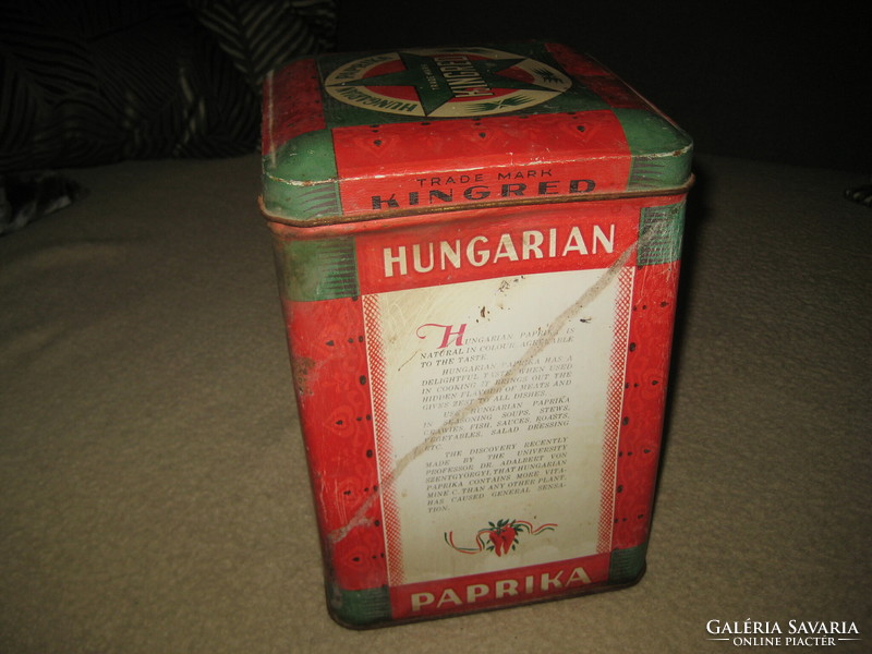 An old Szeged paprika export metal box with an inscription in English