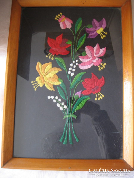 Bouquet of hyacinths, lilies of the valley, embroidered wall picture in a pine frame