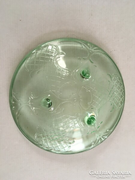 Vintage, régi talpas zöld üveg tál, kínáló, asztalközép
