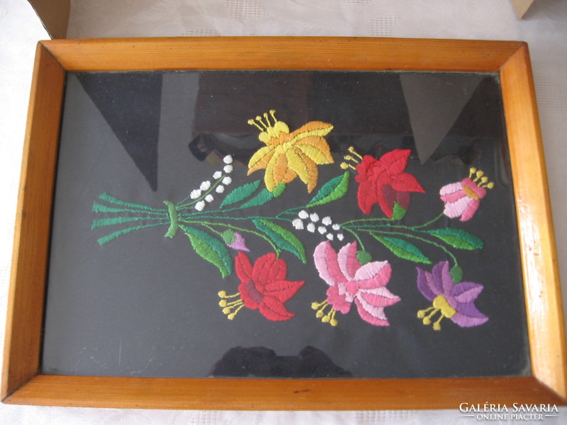 Bouquet of hyacinths, lilies of the valley, embroidered wall picture in a pine frame