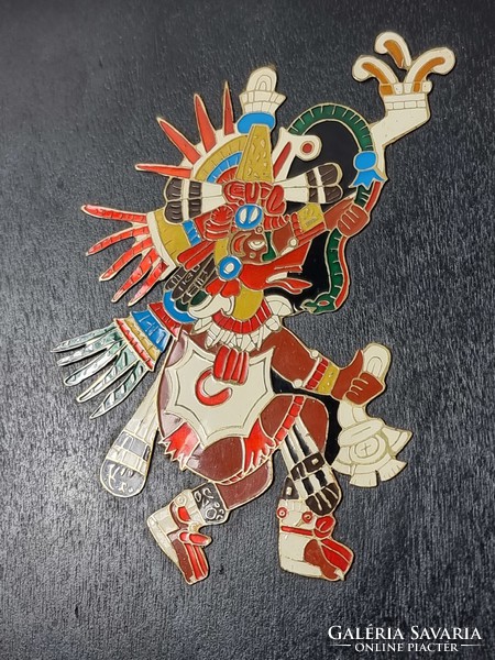Ketzalkóatl - feathered snake in Aztec mythology god of knowledge and learning, brass enamel wooden plaque