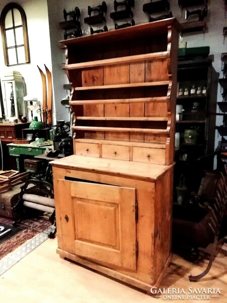 Tálas szekrény, 19. századi natúr fa, tiszta fenyő népi konyhai bútor, antik tálaló