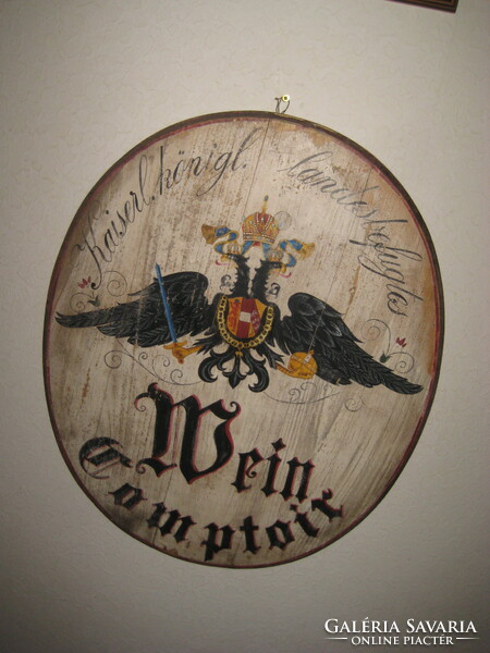 Old Austrian wine for a large trading company, hand painted, oval, wooden board, 48 x 58 cm