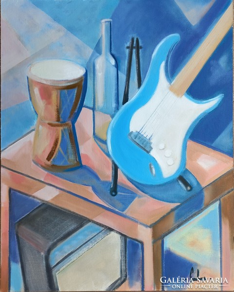 Still-life with Amp, African drum and Guitar - oil painting