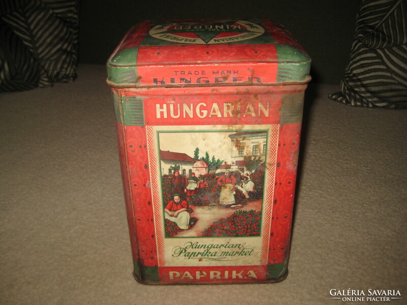 An old Szeged paprika export metal box with an inscription in English