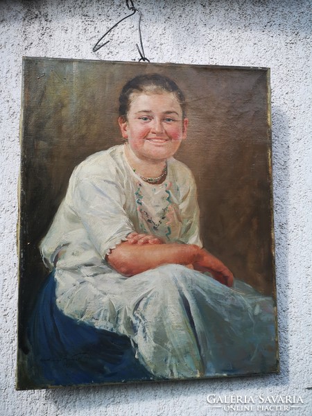 Gyertyáni Németh Gyula. Portré lány, szép aprólékos eredeti festmény,Táj Múzeum, gyüjtemény