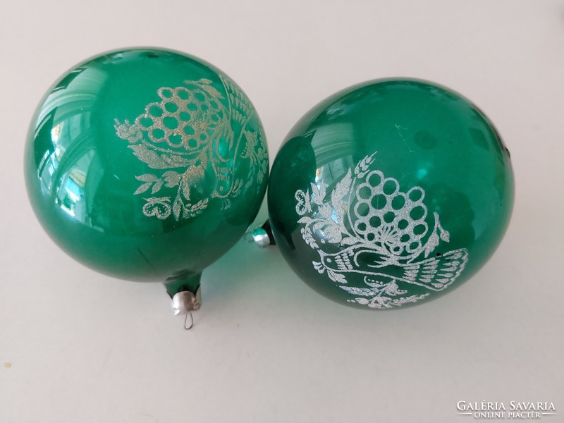 Régi üveg karácsonyfadísz zöld gömb galamb mintás nagy üvegdísz 2 db