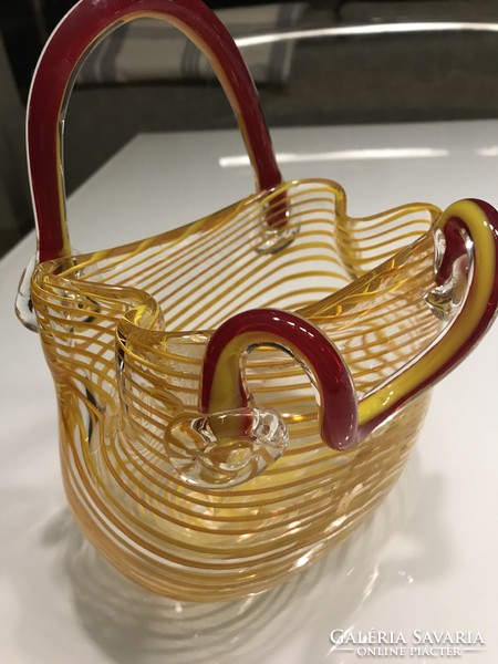 Vintage Murano glass basket with yellow and red thin stripes, 20 cm high