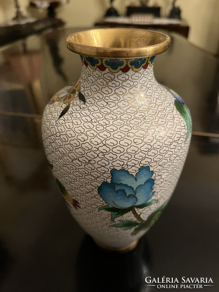Chinese white compartment enameled copper vase