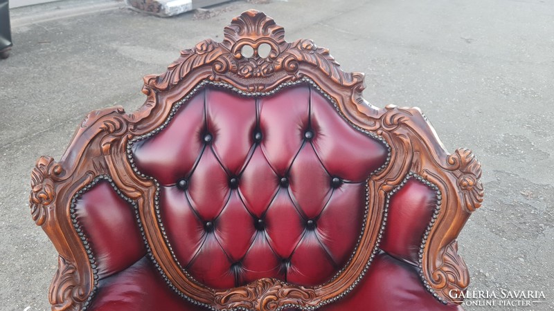 A663 antique burgundy richly carved baroque rococo chesterfield leather sofa set