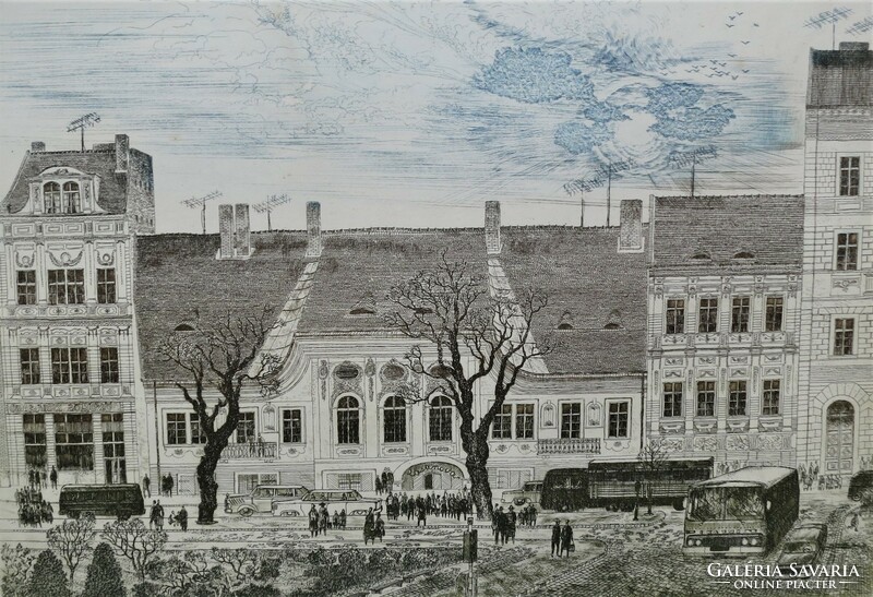 Mária Túry (1930-1992): Budapest, Batthyány tér 1982 - colored etching, marked, numbered