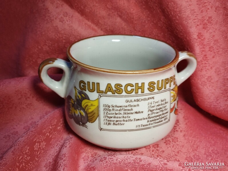 Chinese two-handled porcelain goulash soup cup with recipe