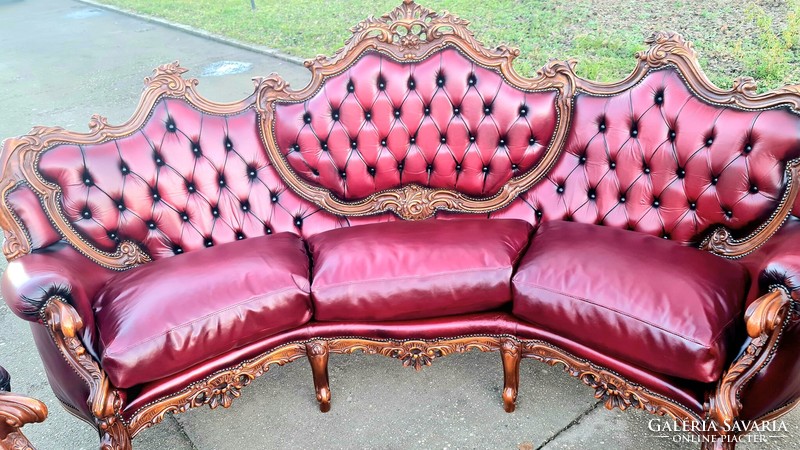 A663 antique burgundy richly carved baroque rococo chesterfield leather sofa set