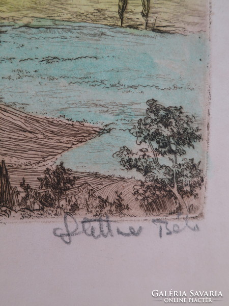 Béla Stettner (1928-1984): Szigliget Castle, Balaton Highlands, color etching, marked artist's copy