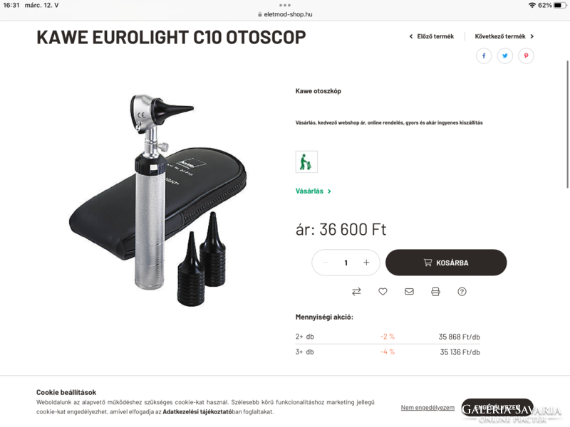 Otoszkóp/fültükör KaWe EUROLIGHT C10, orvosi eszköz, bolti ára 37.000