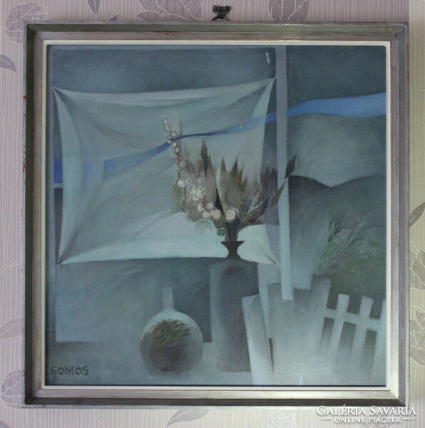 Miklós Somos: flower in the window oil painting