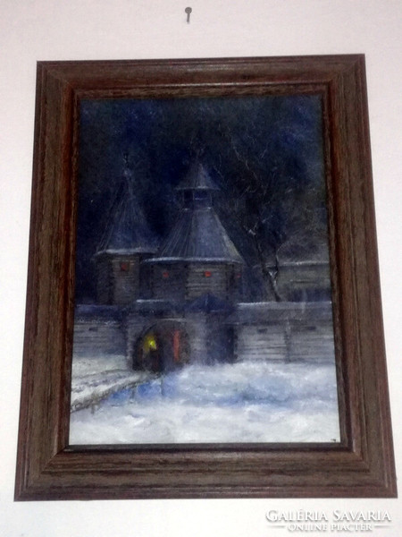 Old Russian oil painting in a rustic wooden frame