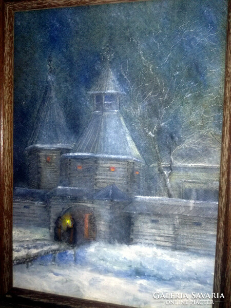 Old Russian oil painting in a rustic wooden frame