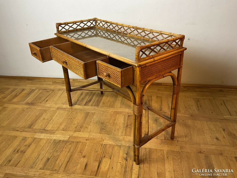 Rattan glass top desk retro table