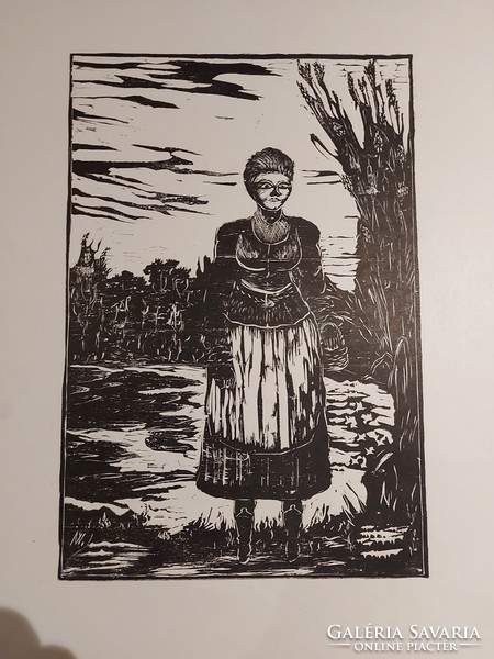 Signed linocut of vince Nagy painter and graphic artist - peasant woman - 421